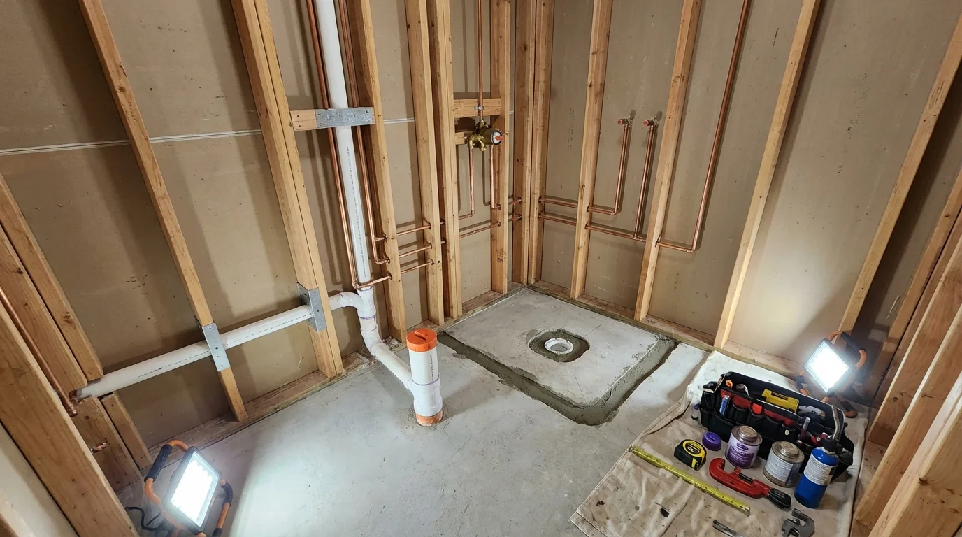 Bathroom rough-in plumbing during remodel by Johns Plumbing LLC in Blaine