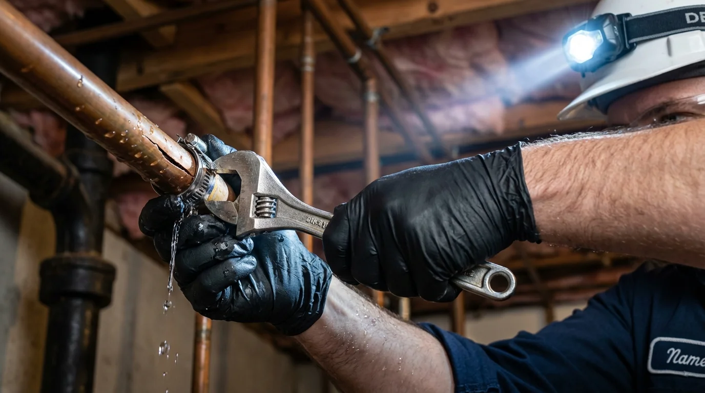 Emergency pipe clamp repair being performed by a Johns Plumbing LLC plumber in Blaine