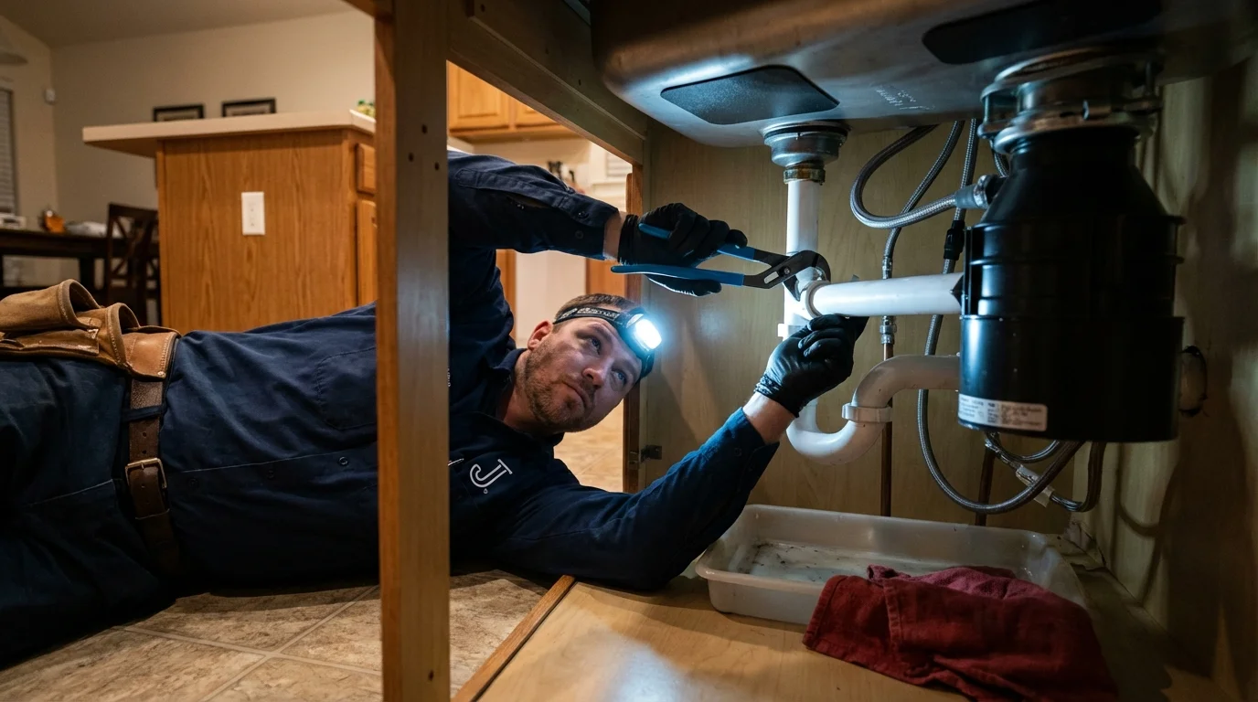 P-trap and supply line connections under a kitchen sink showing a common leak point in Blaine, TN